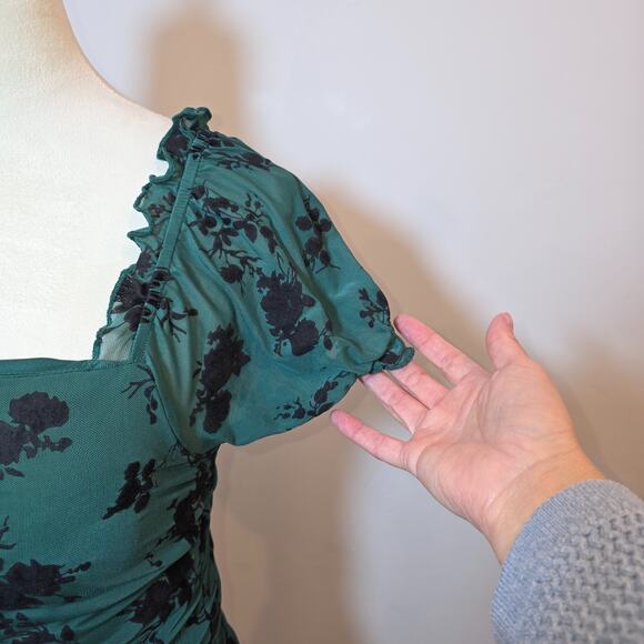 Dear Moon Womens Green Velvet Burnout Floral Bodycon Dress Small Ruched Fairy - Picture 3 of 7